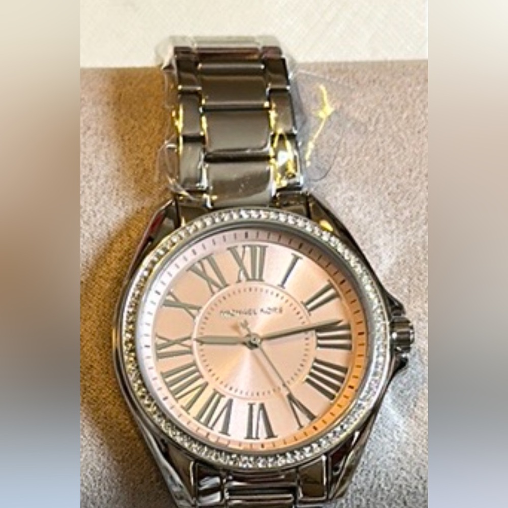 Michael Kors Silver Pink Dial Watch with Roman Numerals